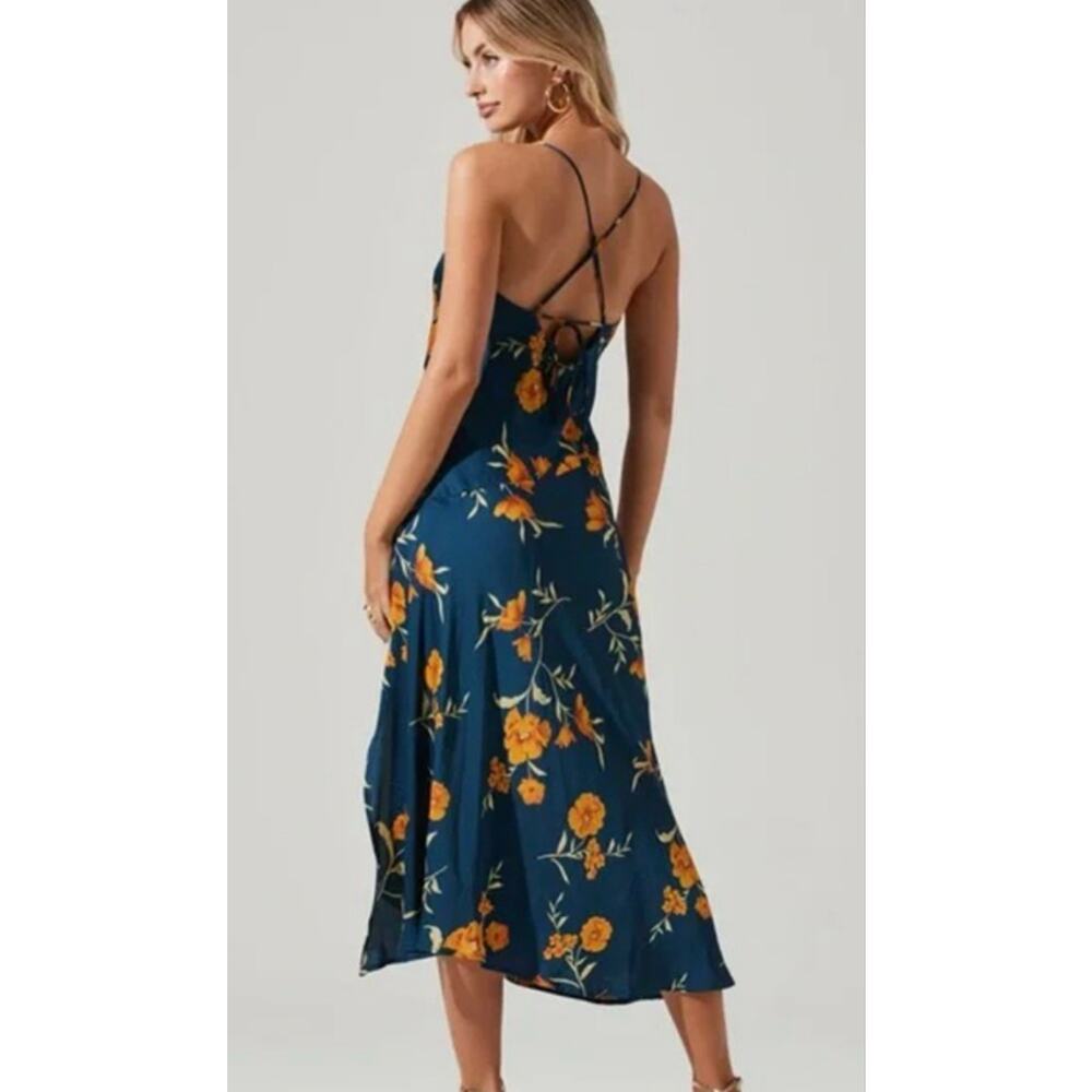 ASTR The Label Floral Satin Slip Midi Dress Navy Orange XS NWOT - Picture 2 of 8